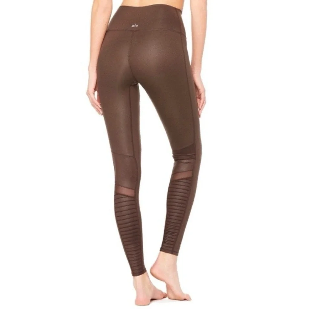 ALO YOGA Mink Brown Mid Rise Moto Active Workout Studio Barre Gym Leggings Sz M‎